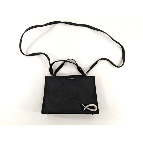 Kate Spade New York Small Crossbody Handbag Purse Black Canvas Gemstone Brooch - Picture 1 of 12